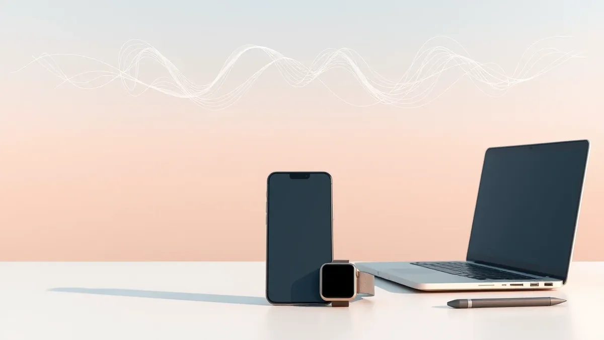 Illustration: A smartphone rests beside a smartwatch and a laptop on a clean white desk.
