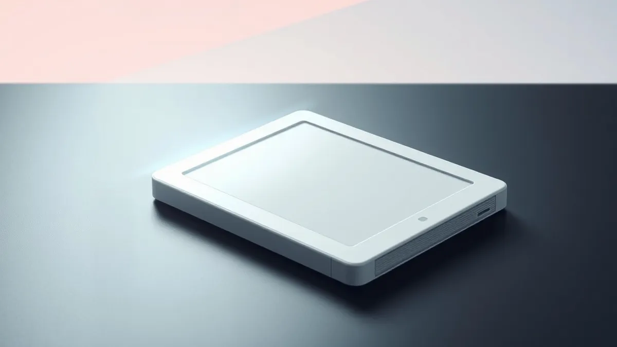 Illustration: A flat white e-reader rests on a dark table.