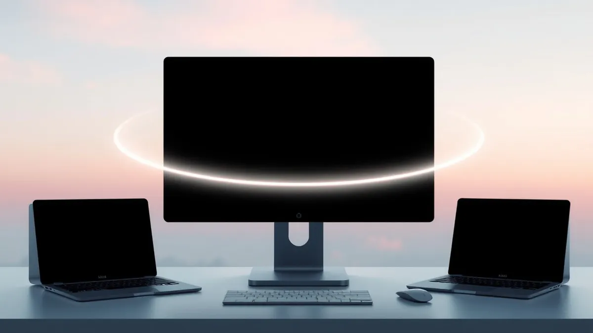 Illustration: A sleek desktop monitor displays a blank browser window with a minimalist address bar.