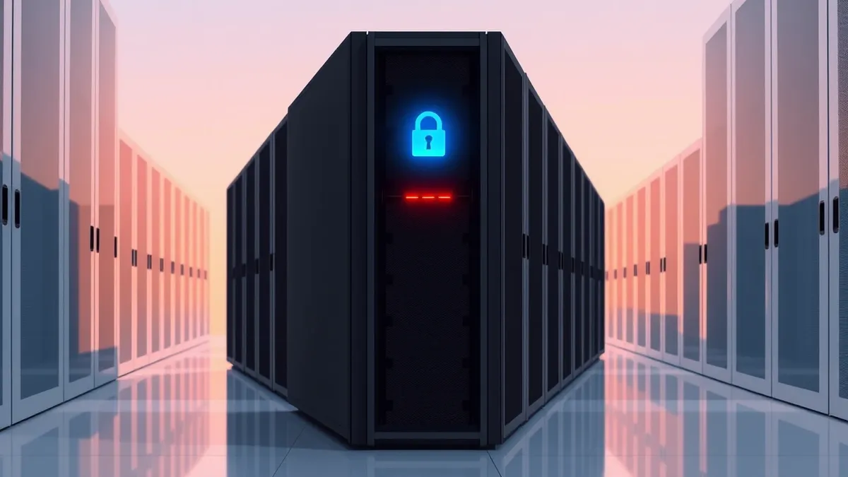 Illustration: A sleek black server rack sits in a clean data center aisle.