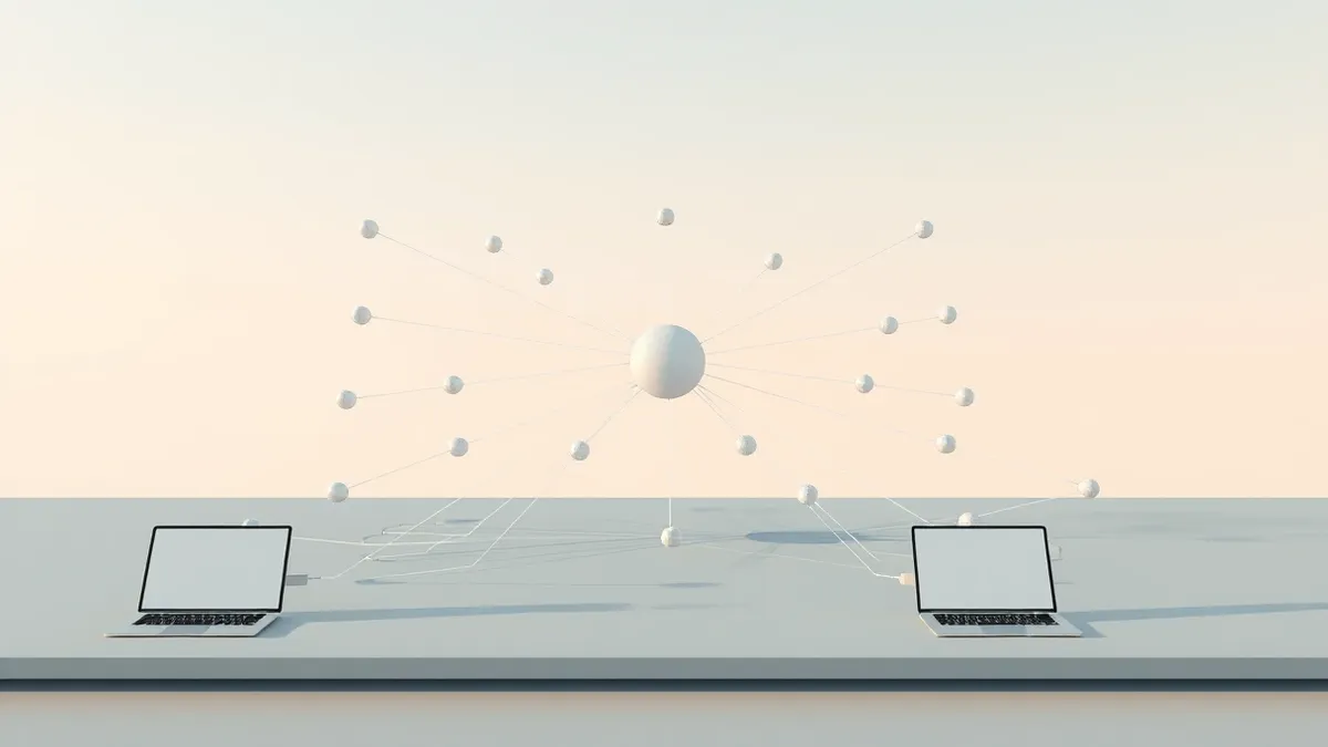 Illustration: A central hub connects to multiple abstract network nodes via clean, white lines.