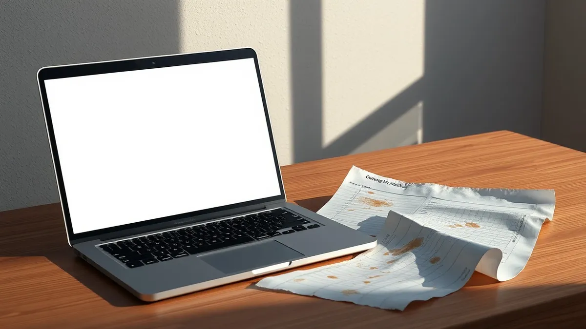 Illustration: A silver laptop sits on a wooden desk with its screen displaying blank gray code lines.