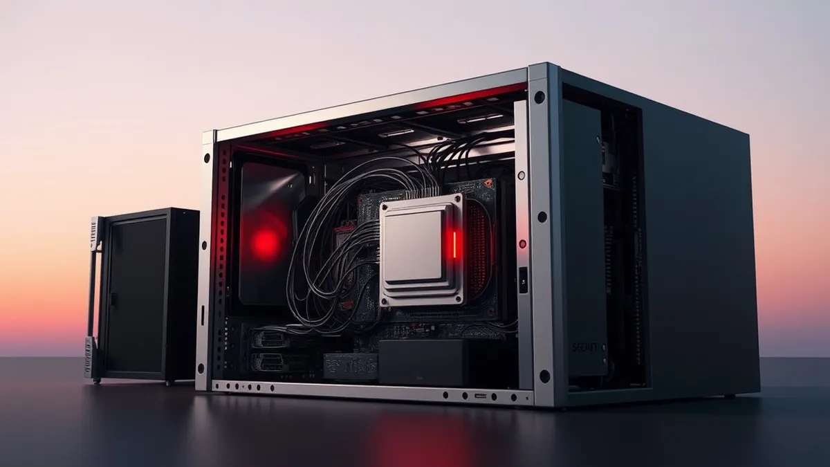 Illustration: A sleek silver server chassis sits open, revealing a small rectangular security module connected by thin wires.