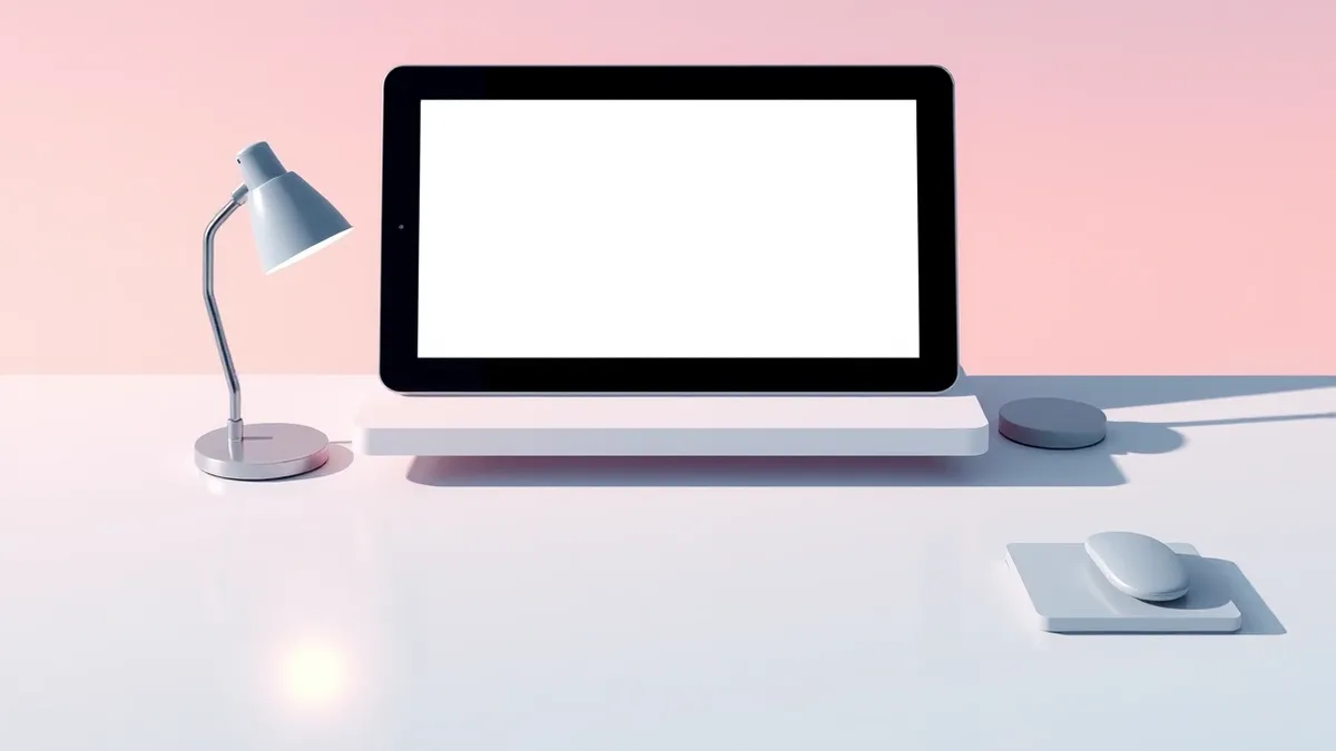 Illustration: A sleek tablet rests on a minimalist desk, displaying a blank interface with abstract geometric shapes representing automated workflows.