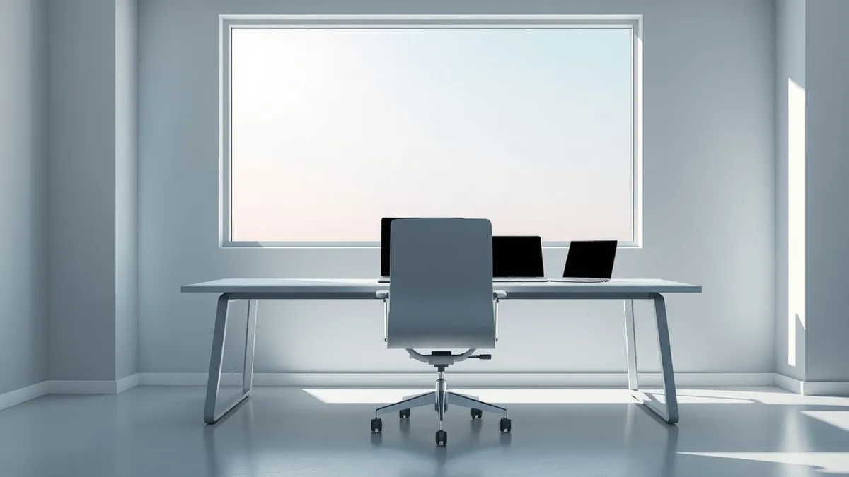 Illustration: A sleek white office chair sits empty before a modern desk where a laptop and tablet rest with blank, glowing screens.