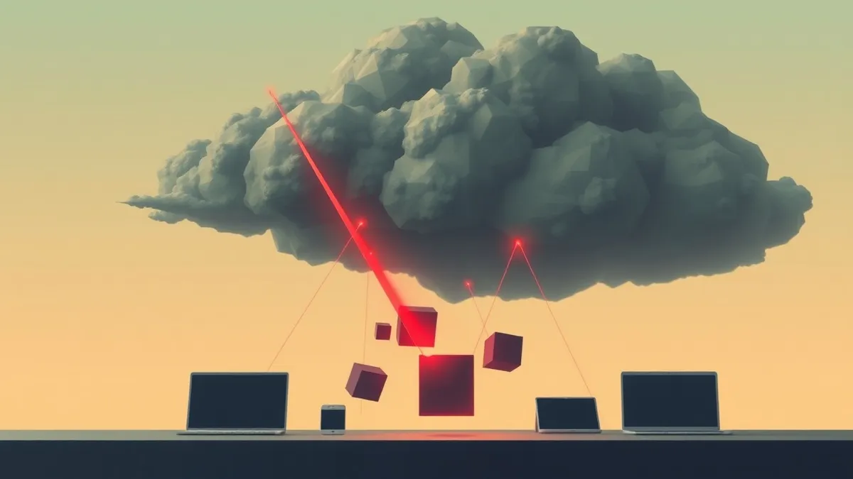 Illustration: A red laser beam cuts through a dark cloud, targeting a cluster of abstract geometric data blocks floating in the void.