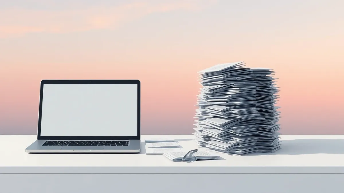 Illustration: A sleek, modern office desk holds a single open laptop with a blank screen.