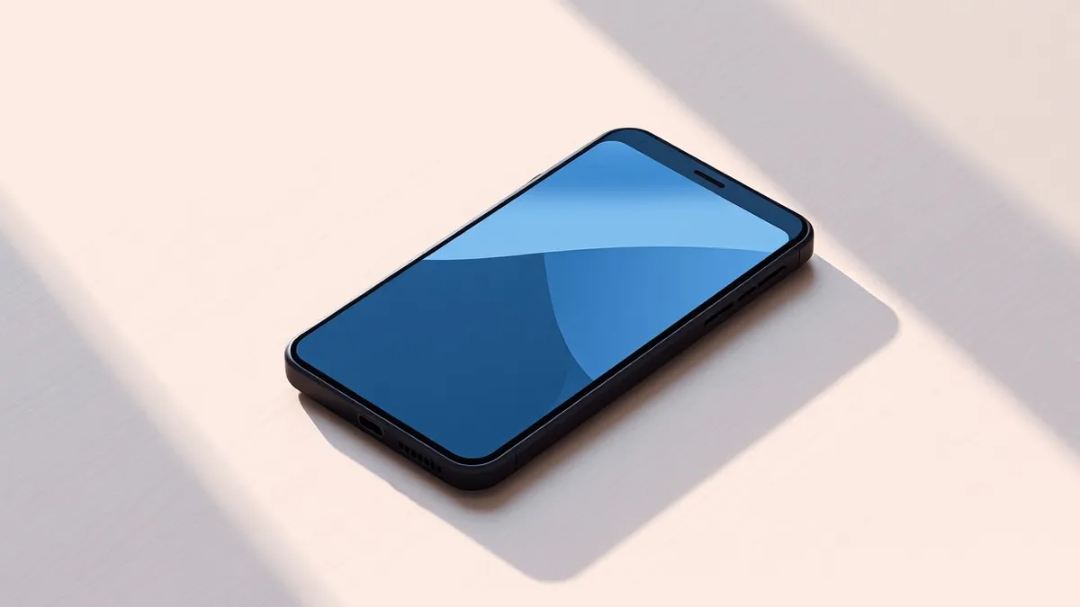Illustration: A matte black smartphone rests on a smooth wooden surface, its screen displaying soft, abstract geometric shapes in muted blue tones.