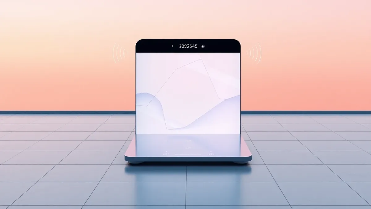 Illustration: A sleek digital bathroom scale sits on a tiled floor, its vertical display bar raised to eye level.