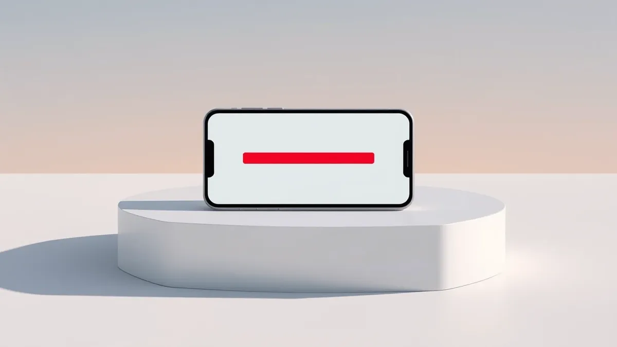 Illustration: A sleek smartphone rests on a minimalist surface with its screen displaying a simple storage bar that is completely full and blocked by a solid red shape.