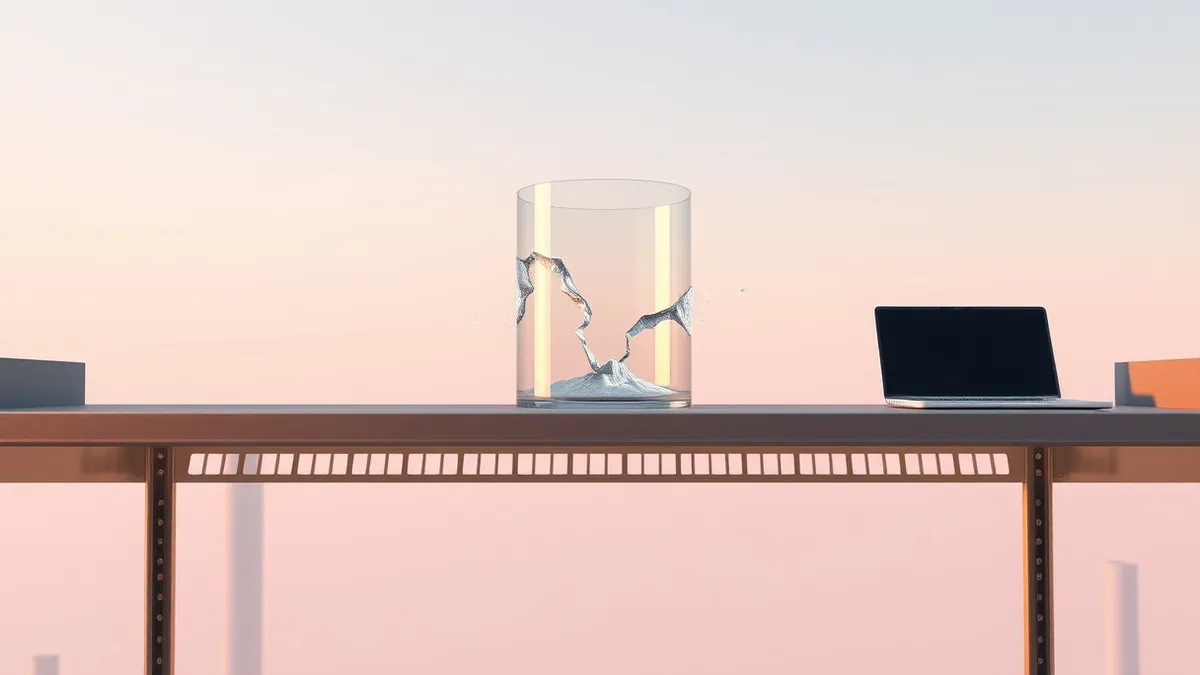 Illustration: A translucent glass container sits on a metallic shelf, its thin walls developing five distinct hairline fractures.