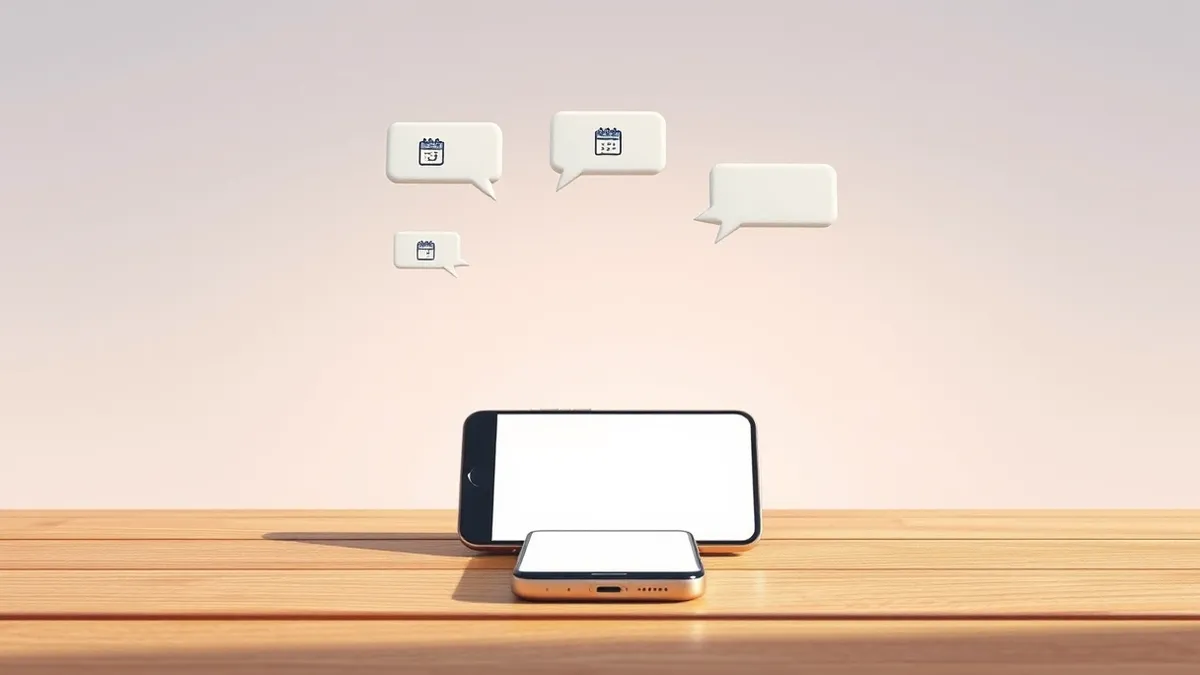 Illustration: A smartphone rests on a wooden table with a chat application open on its blank screen.