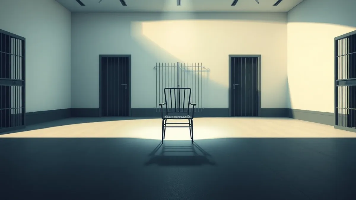 Illustration: A solitary metal chair sits in a stark, empty courtroom while heavy iron doors remain firmly closed behind it.