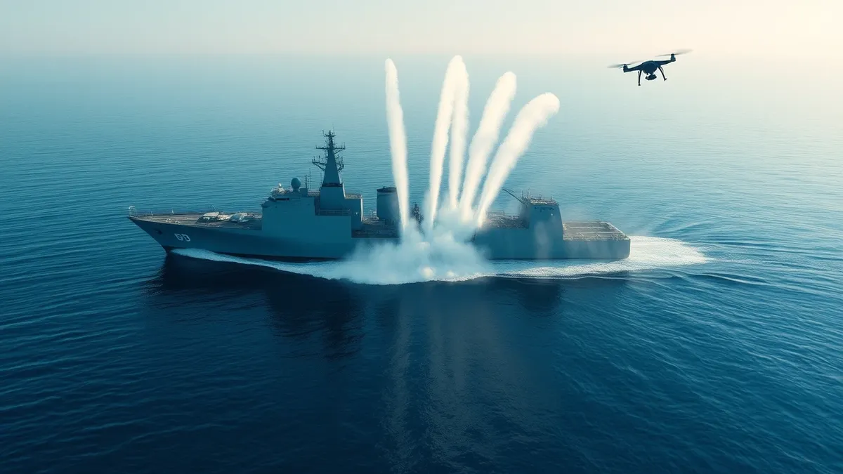 Illustration: A massive naval vessel floats on calm blue water while powerful streams of clear liquid spray upward from its deck, forming a dense curtain against a small dark drone