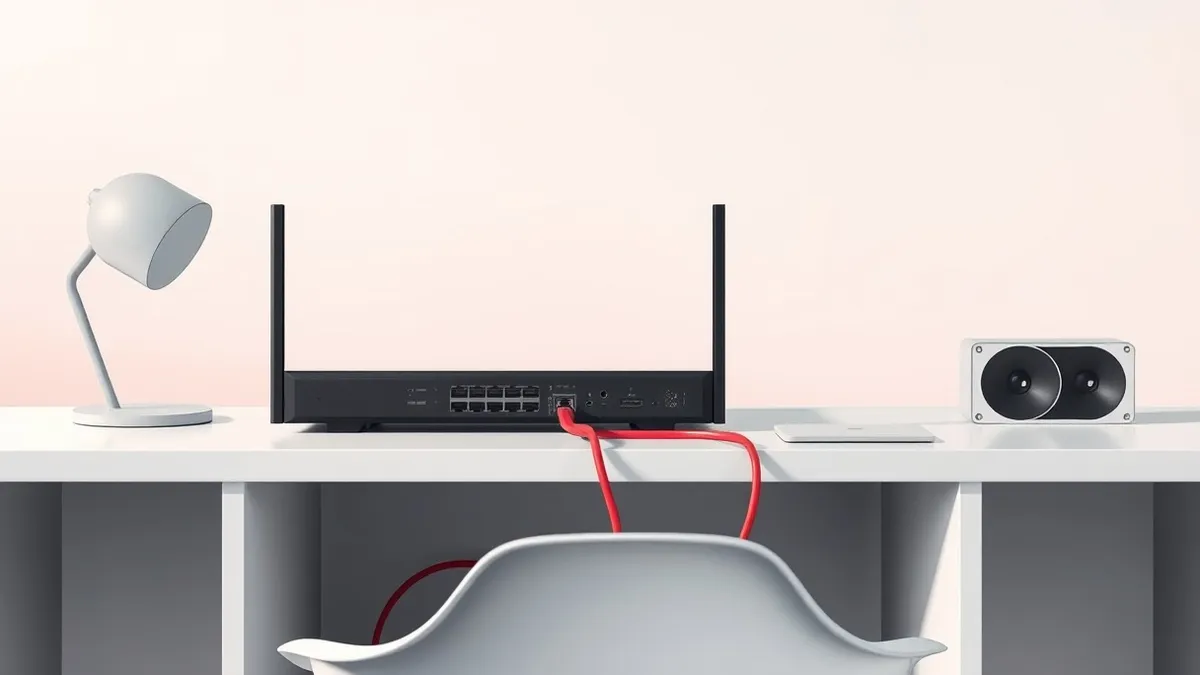 Illustration: A sleek black network security appliance sits on a clean white desk.