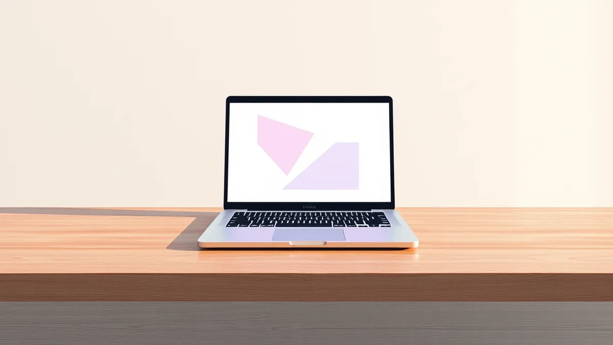 Illustration: A sleek silver laptop sits on a clean wooden desk, its lid open to reveal a bright screen displaying abstract geometric shapes.