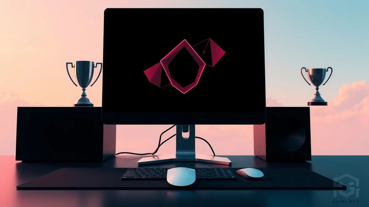 Illustration: A sleek black computer monitor sits on a dark desk, its screen glowing with abstract geometric shapes that represent successful system breaches.
