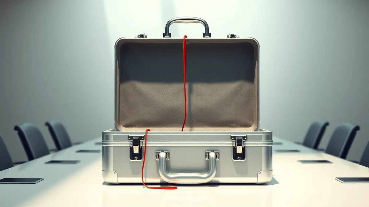 Illustration: A polished silver briefcase sits abandoned on a sterile conference room table, its latches snapped open to reveal only empty space.