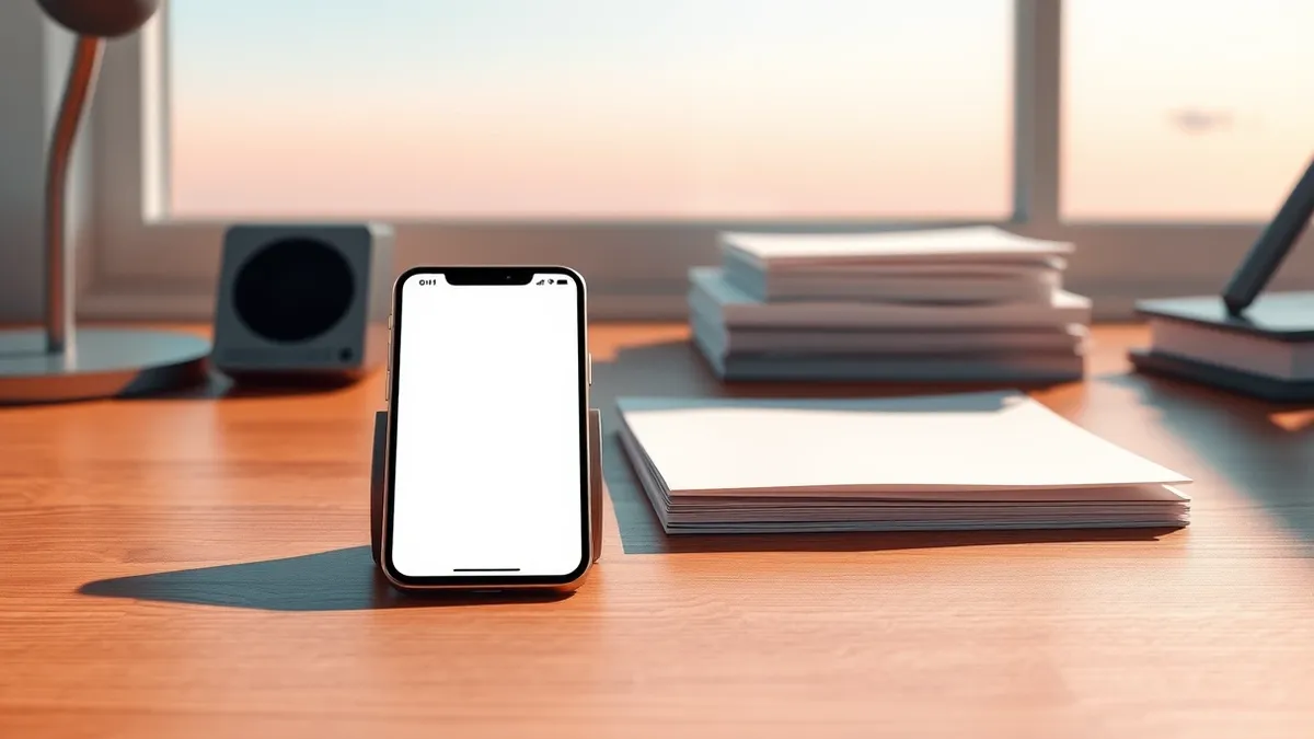 Illustration: A sleek smartphone displaying a blank app store interface sits on a polished wooden desk next to a stack of pristine white paper documents.