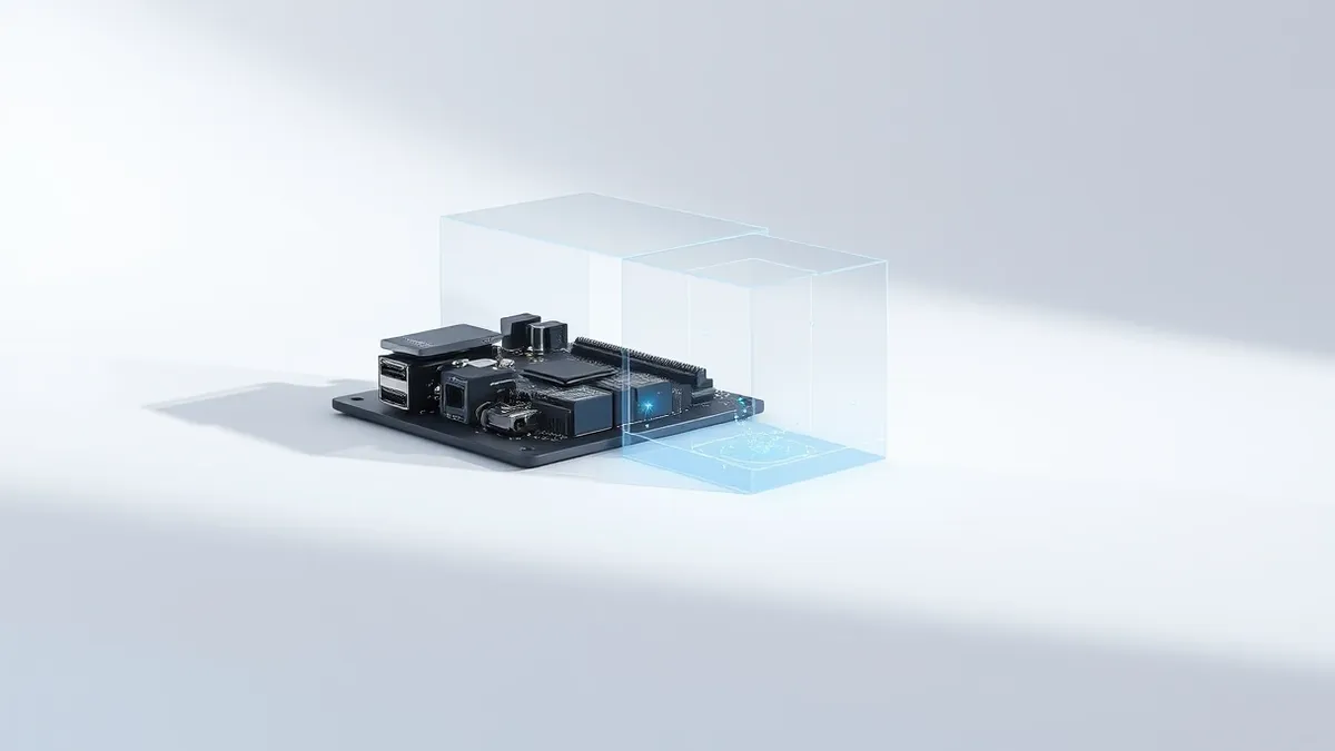 Illustration: A sleek black hardware module sits on a clean white surface, featuring three distinct chip sockets arranged in a triangular pattern.
