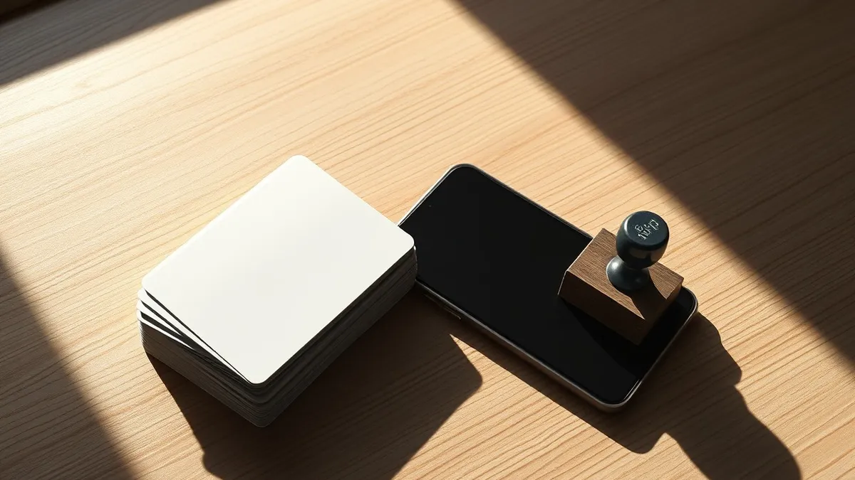 Illustration: A stack of blank credit cards sits beside a smartphone with a blank screen on a wooden table.
