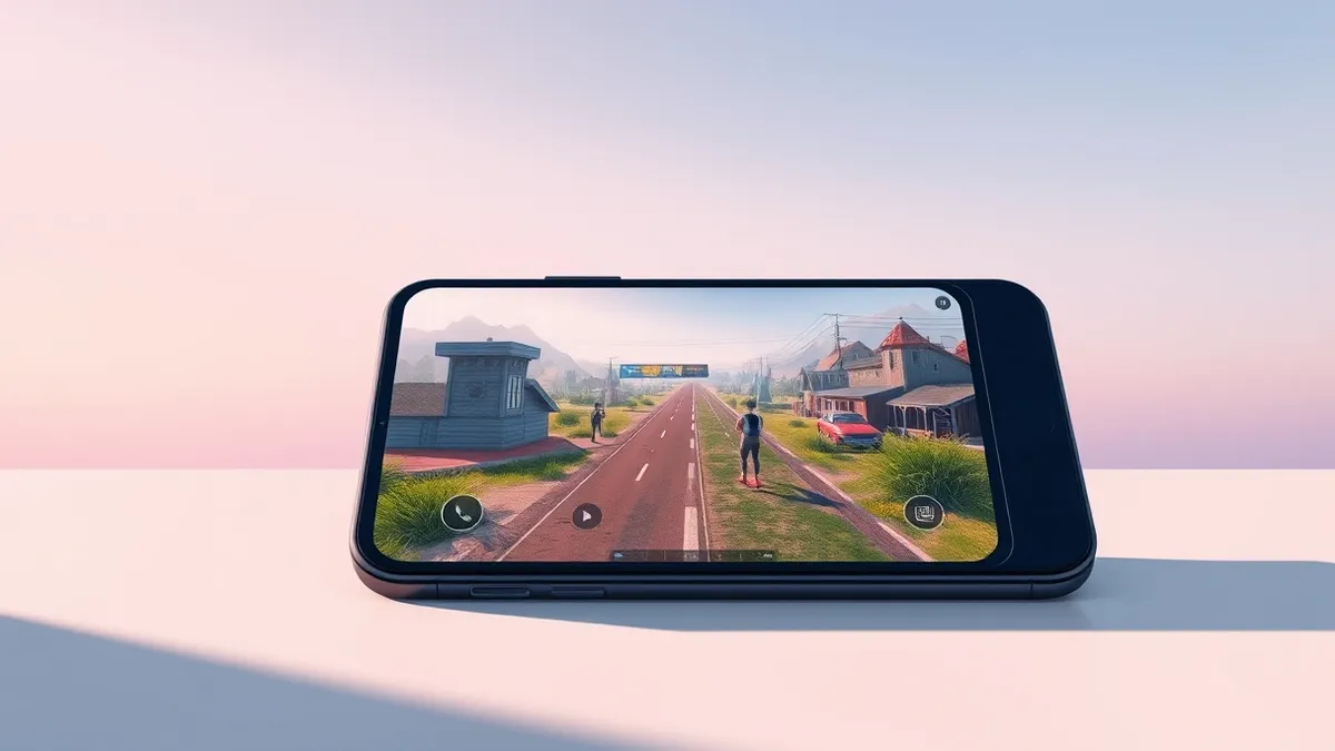 Illustration: A sleek smartphone rests on a clean desk surface, its screen displaying vibrant, high-fidelity game graphics that mirror the quality of traditional console experience