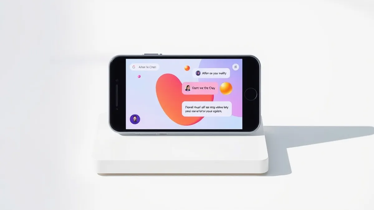 Illustration: A sleek, modern smartphone rests on a clean white desk, its screen displaying a vibrant chat interface with colorful abstract shapes and floating icons.
