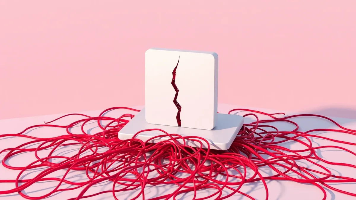 Illustration: A clean white download box floats above a chaotic tangle of red tangled wires.