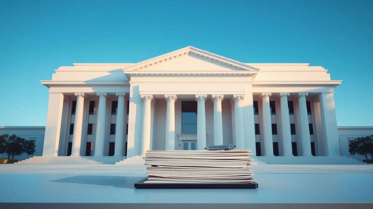 Illustration: A sleek white government building stands under a clear blue sky, its heavy doors slightly ajar.