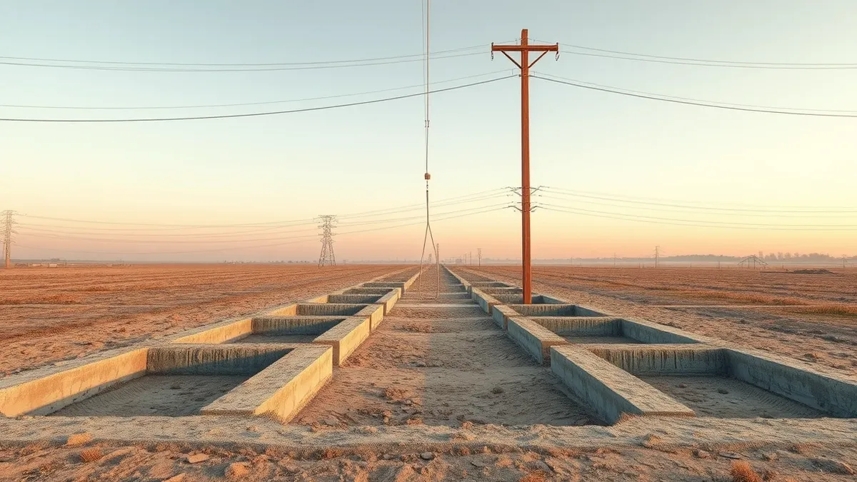 Illustration: A vast empty field in Essex with faint concrete foundations for a massive building.