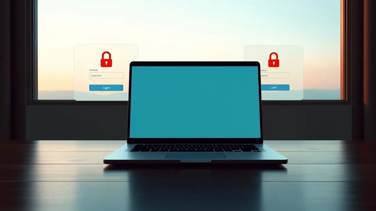 Illustration: A sleek silver laptop sits on a dark wooden table, its screen displaying a blank video conferencing interface.