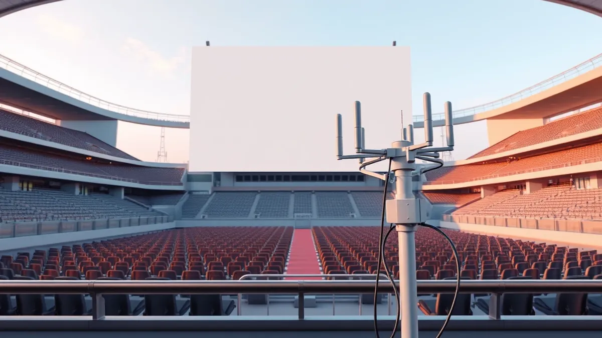 Illustration: A sleek stadium interior features a massive blank video screen and rows of empty seats.