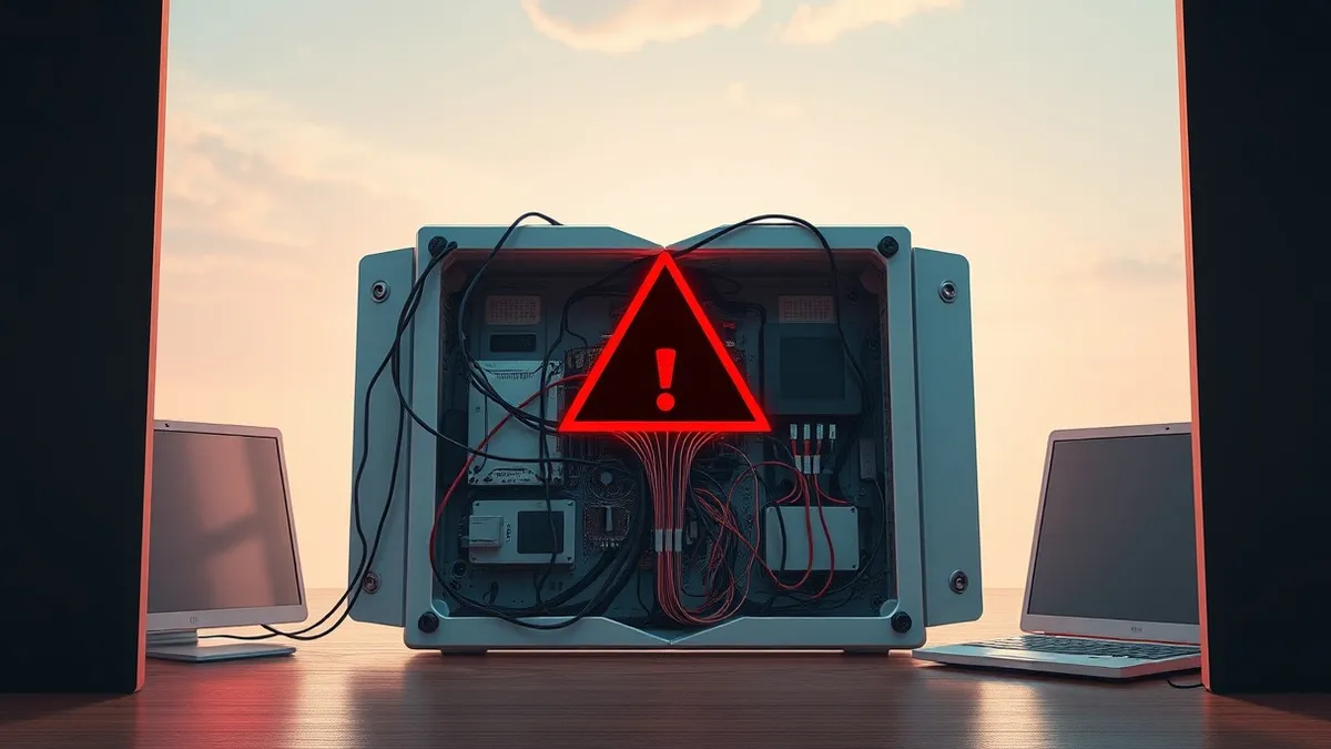 Illustration: A cracked open software package reveals tangled wires and exposed circuitry inside.