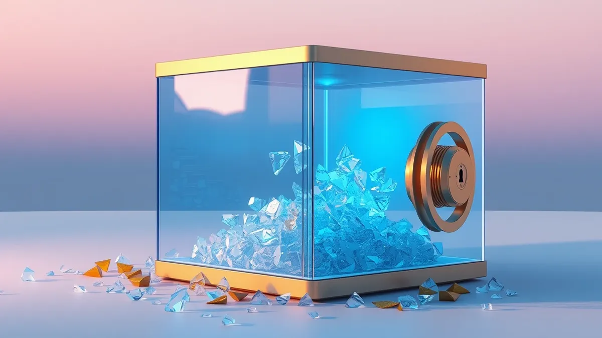 Illustration: A transparent crystal vault glows with soft blue light, encasing scattered geometric data shards.
