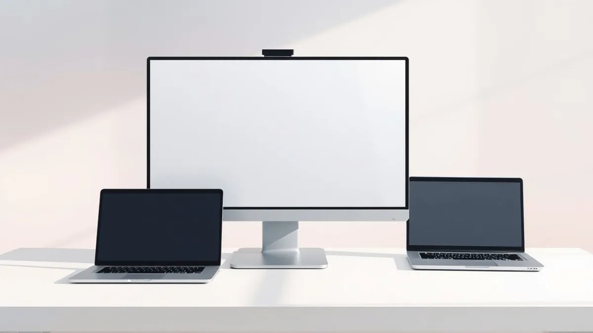 Illustration: A sleek desktop monitor sits on a clean white desk, displaying a single blank interface window with soft geometric shapes.