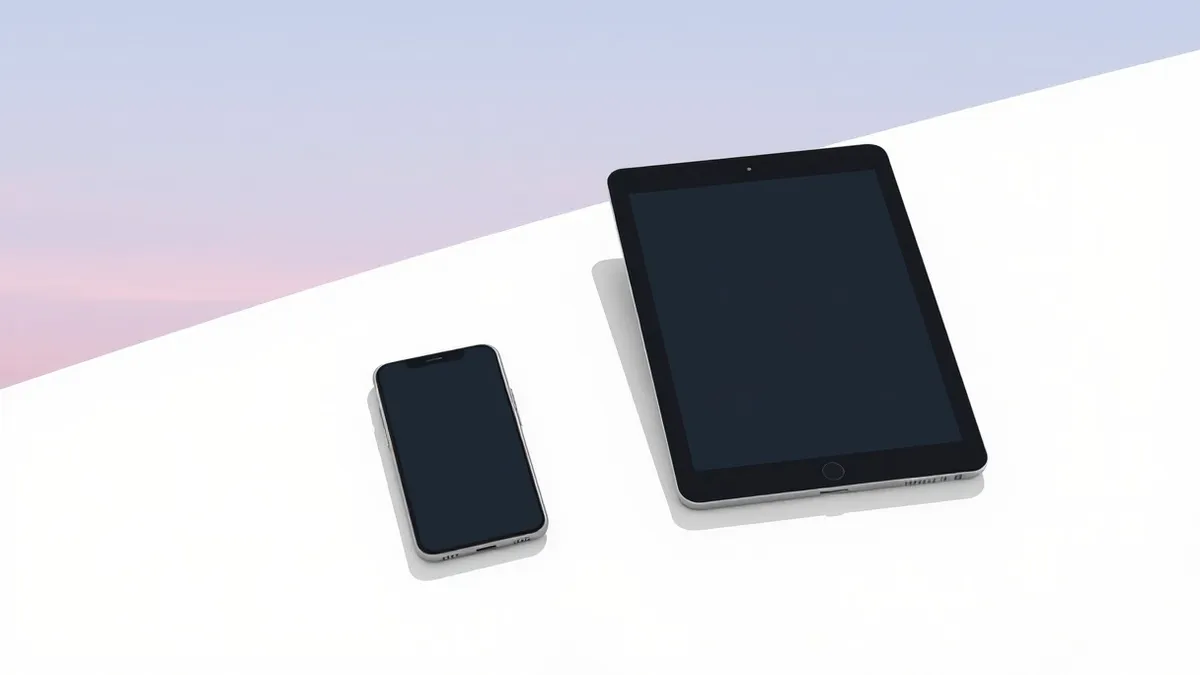 Illustration: A sleek black smartphone rests beside a folded tablet on a clean white surface.