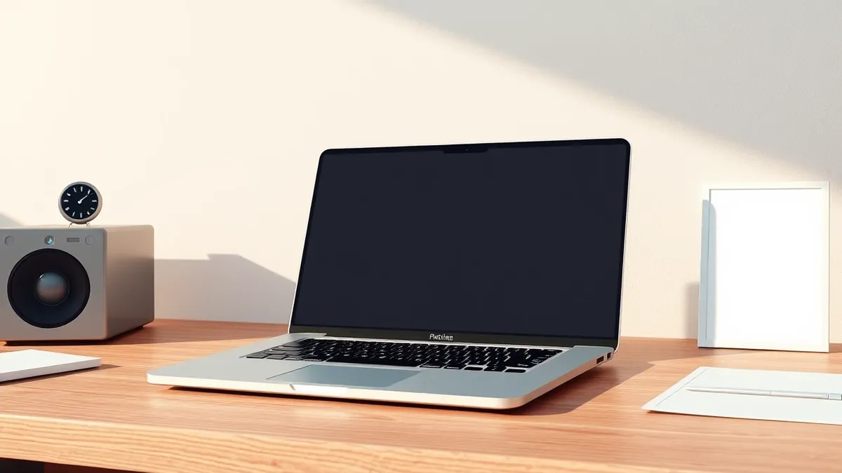 Illustration: A sleek silver laptop sits open on a wooden desk, its screen displaying a simple abstract interface.