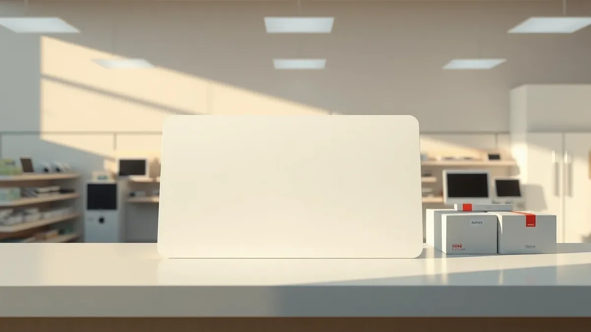 Illustration: A large, blank gift card sits alone on a clean retail counter next to a small pile of new electronics boxes.