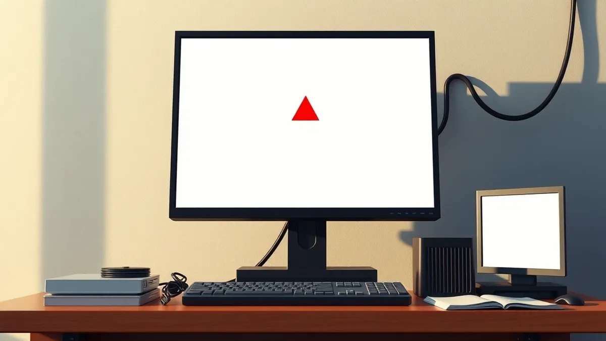 Illustration: A sleek desktop computer sits on a cluttered desk, its monitor displaying a stark, blank white interface with a single red warning triangle centered on the screen.