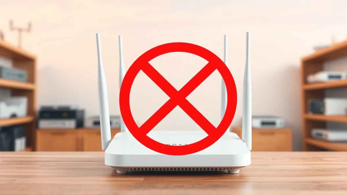 Illustration: A white plastic wireless router with two antennas sits on a wooden desk.