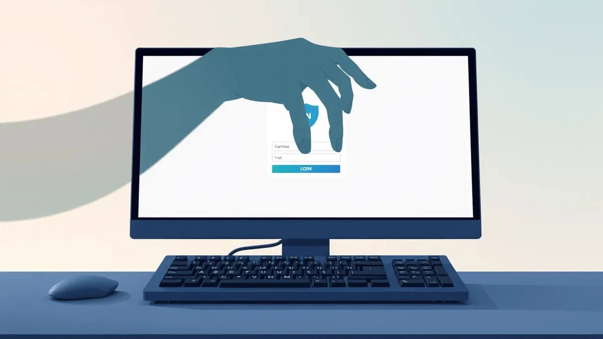 Illustration: A computer monitor displays a blank login page with a generic VPN icon.