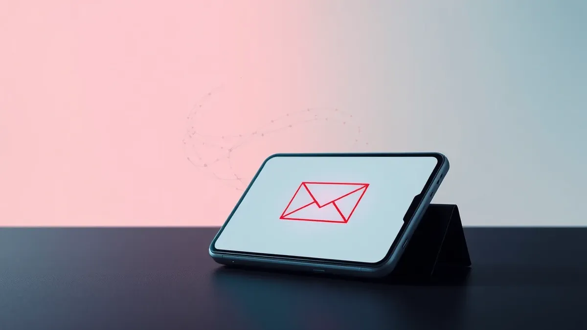 Illustration: A sleek smartphone rests on a dark desk, its screen displaying a single blank envelope icon that pulses with an ominous red glow.