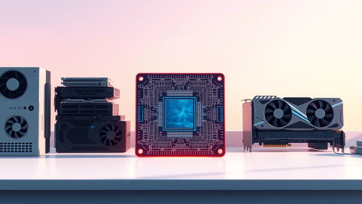 Illustration: A silicon wafer sits on a clean lab bench beside a stack of high-end graphics cards.