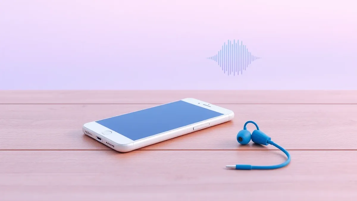 Illustration: A sleek white smartphone rests on a wooden table next to a detached blue earbud.