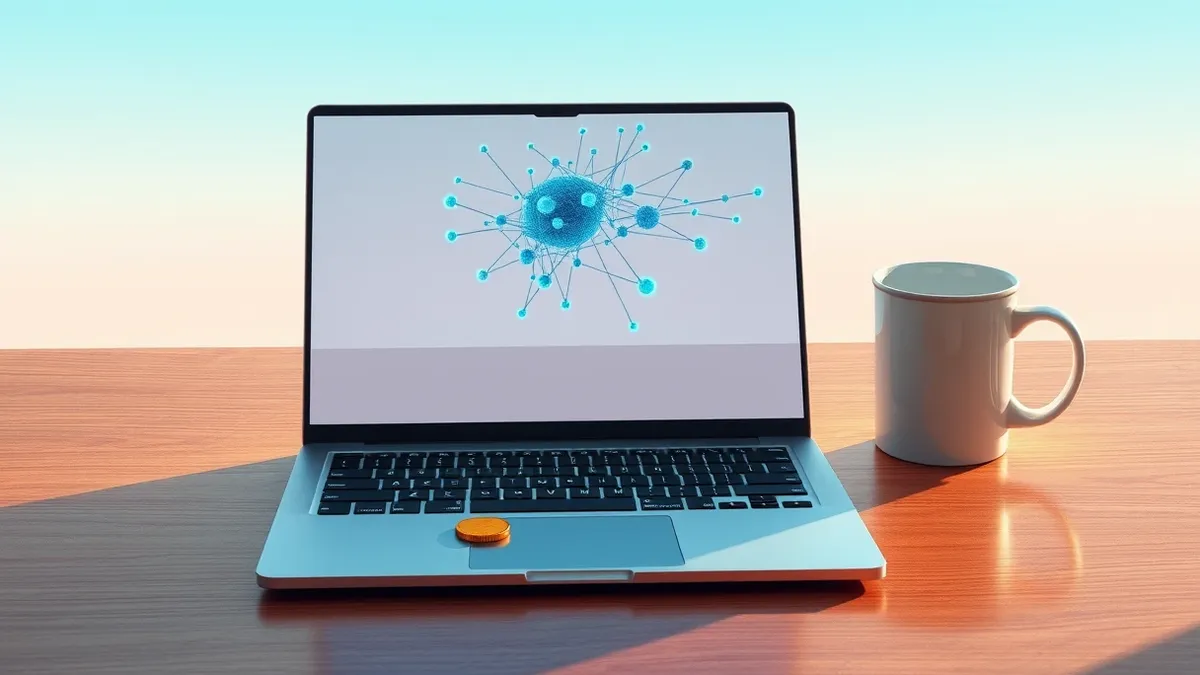 Illustration: A sleek silver laptop sits on a polished wooden desk beside a steaming ceramic mug.