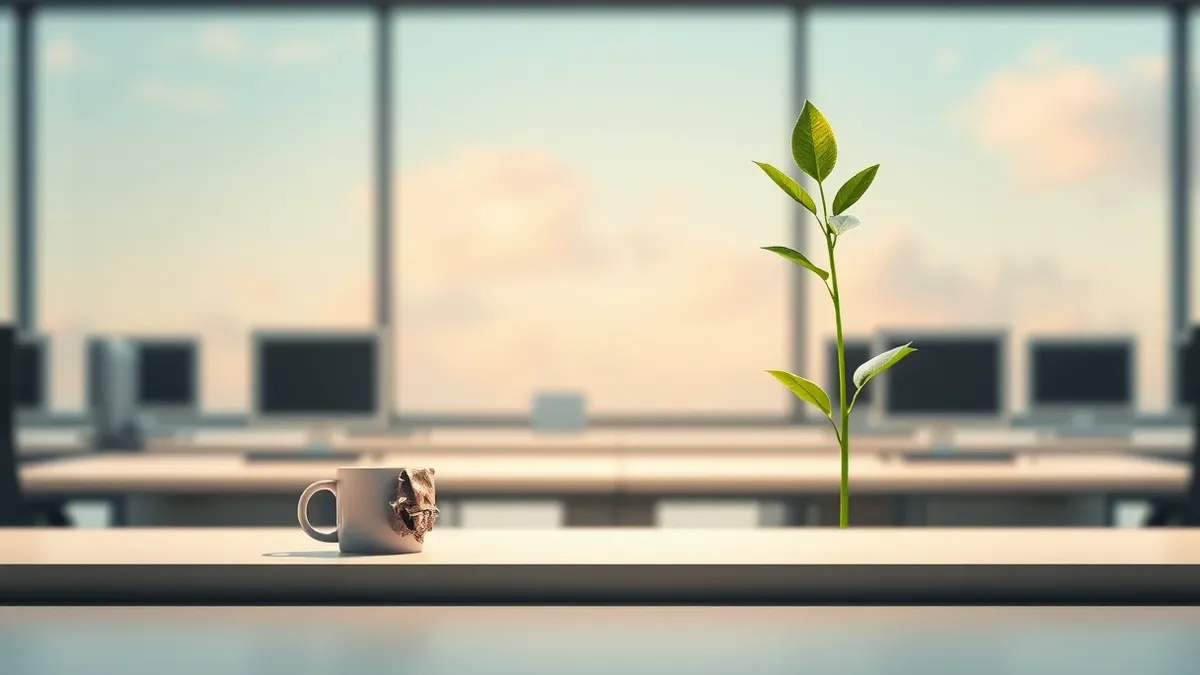 Illustration: A blurred office background shows a solitary, empty desk with a crumpled coffee cup and a wilting plant.