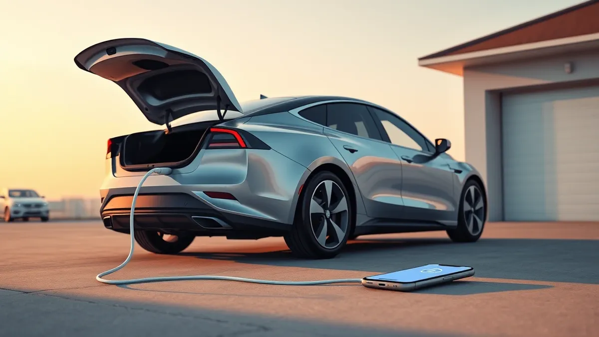 Illustration: A bare metal electric vehicle sits in a driveway with its hood open.