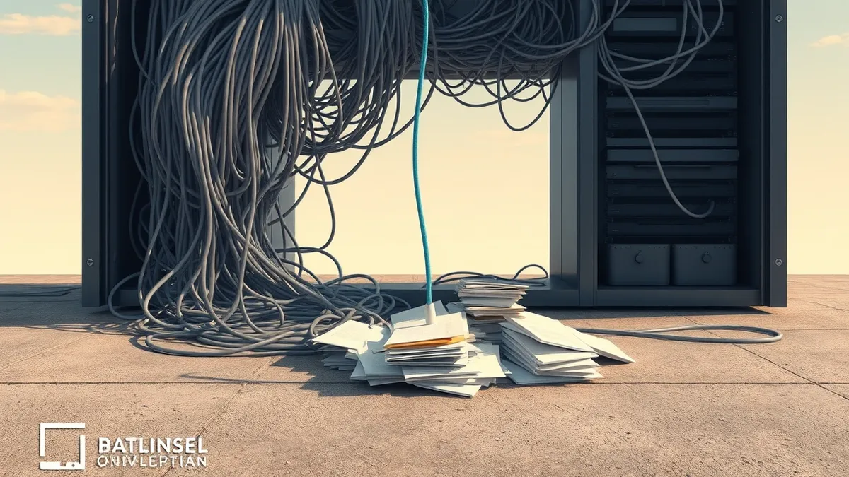 Illustration: A tangled knot of grey cables spills from an open server panel onto a dusty concrete floor.