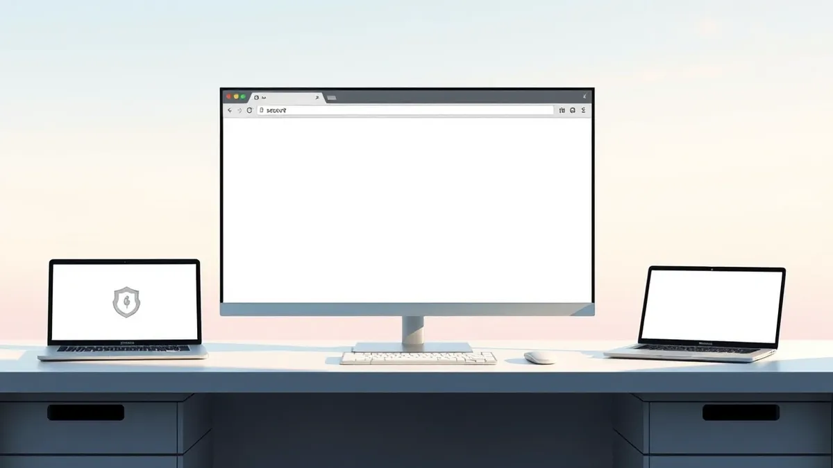 Illustration: A sleek, generic web browser window sits open on a clean desk surface.