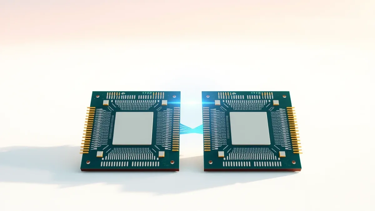 Illustration: Two distinct microprocessor chips rest side by side on a clean white surface, their gold contact pins facing upward.
